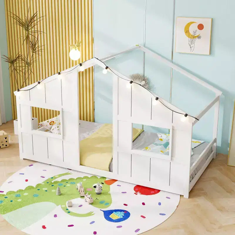 Letto a Capanna Singolo con Luci LED – Legno Massello, Stile Montessori per Bambini
