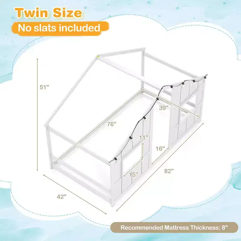Letto a Capanna Singolo con Luci LED – Legno Massello, Stile Montessori per Bambini