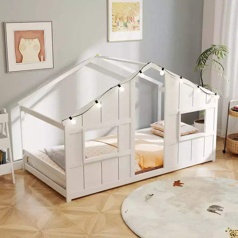 Letto a Capanna Singolo con Luci LED – Legno Massello, Stile Montessori per Bambini