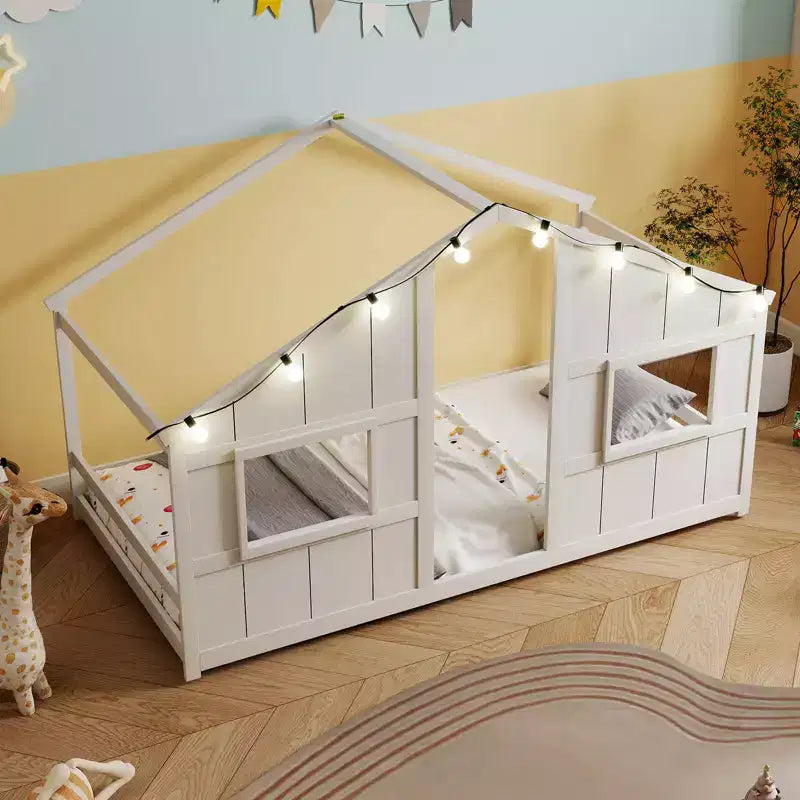 Letto a Capanna Singolo con Luci LED – Legno Massello, Stile Montessori per Bambini
