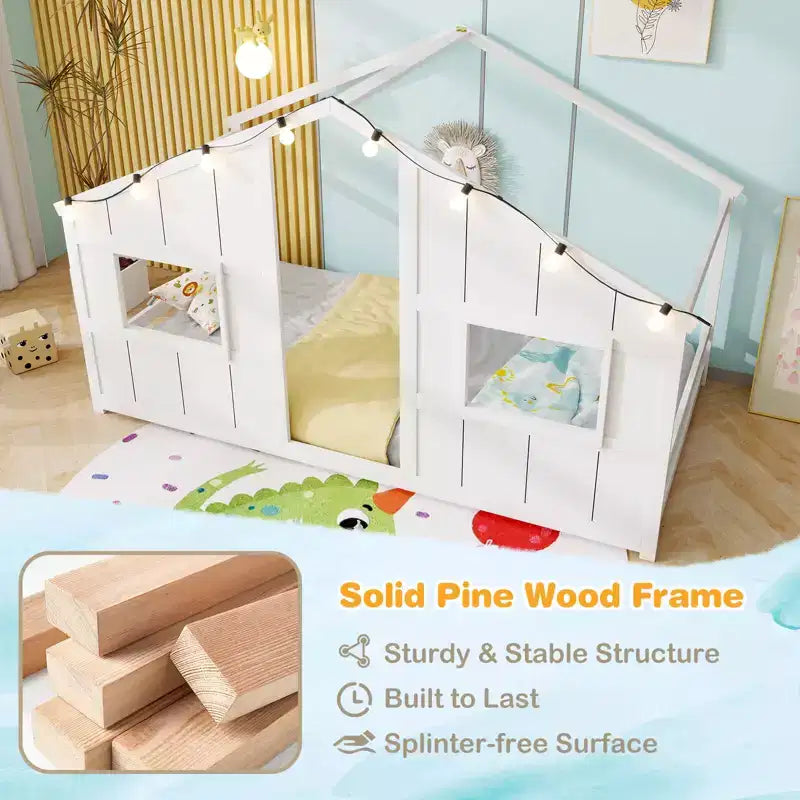 Letto a Capanna Singolo con Luci LED – Legno Massello, Stile Montessori per Bambini