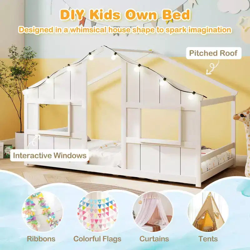 Letto a Capanna Singolo con Luci LED – Legno Massello, Stile Montessori per Bambini