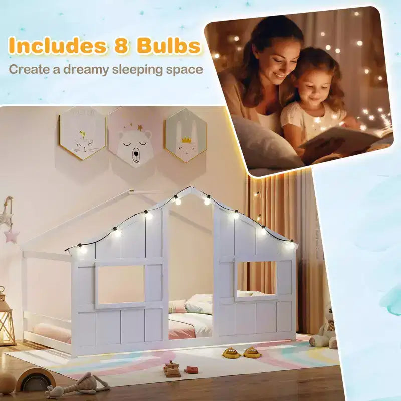 Letto a Capanna Singolo con Luci LED – Legno Massello, Stile Montessori per Bambini