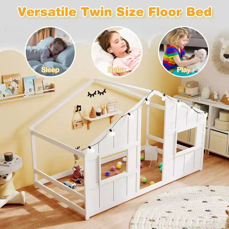 Letto a Capanna Singolo con Luci LED – Legno Massello, Stile Montessori per Bambini