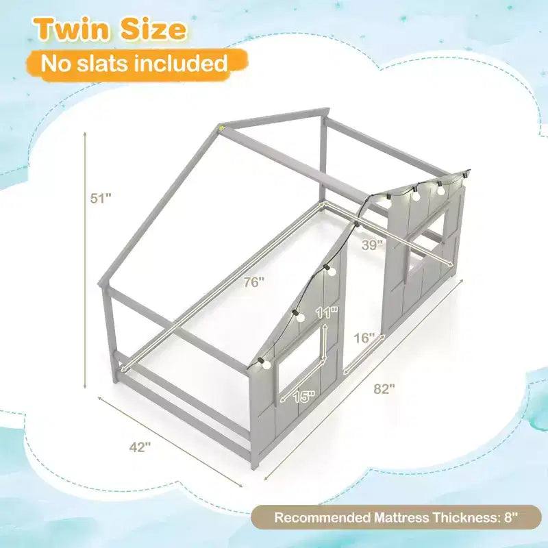Letto a Capanna Singolo con Luci LED – Legno Massello, Stile Montessori per Bambini