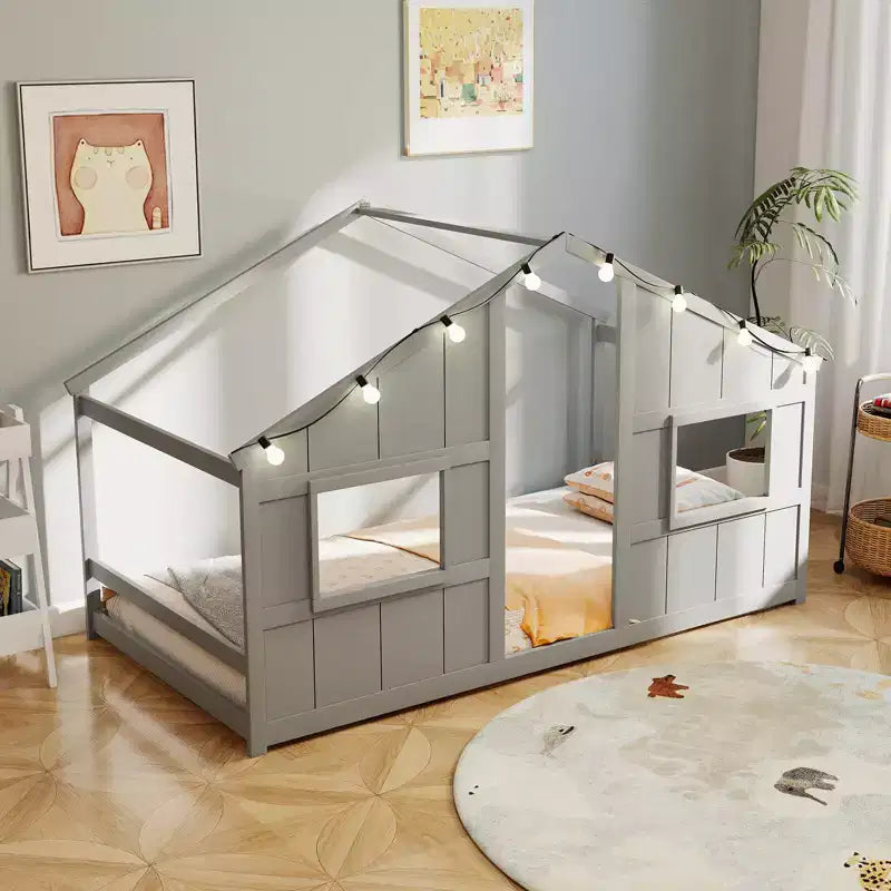 Letto a Capanna Singolo con Luci LED – Legno Massello, Stile Montessori per Bambini