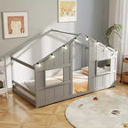 Letto a Capanna Singolo con Luci LED – Legno Massello, Stile Montessori per Bambini