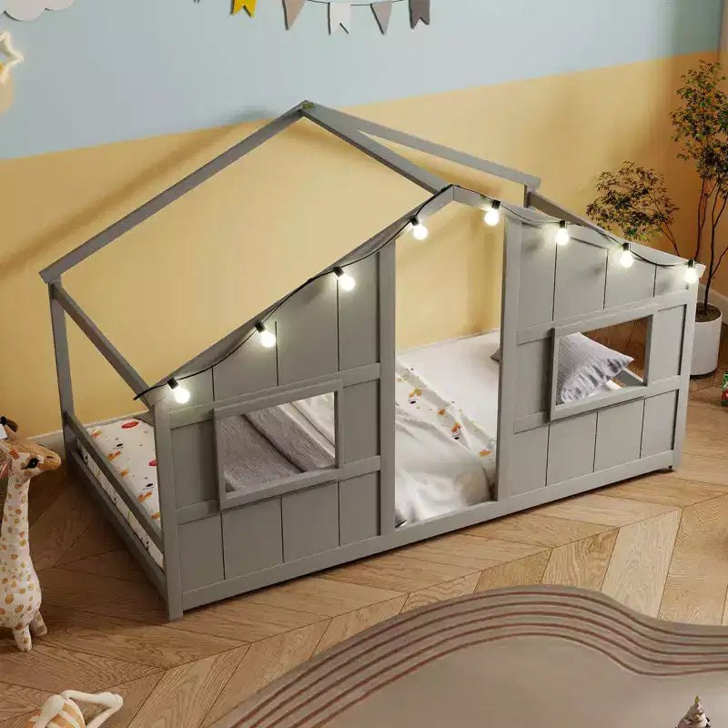 Letto a Capanna Singolo con Luci LED – Legno Massello, Stile Montessori per Bambini