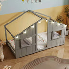 Letto a Capanna Singolo con Luci LED – Legno Massello, Stile Montessori per Bambini