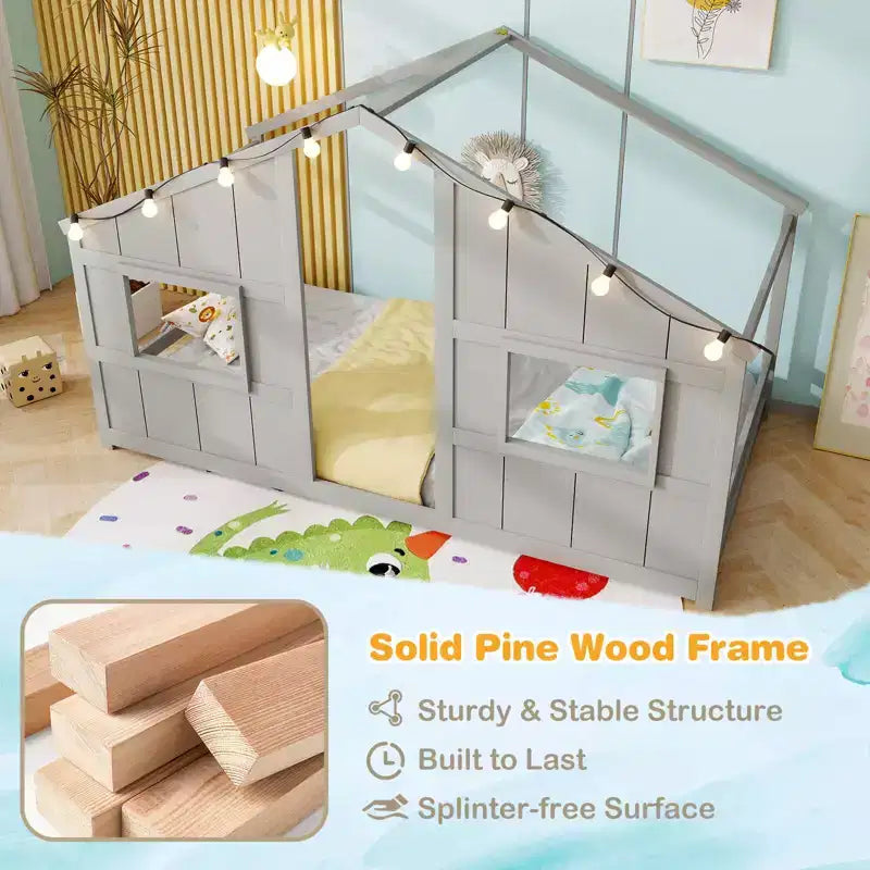 Letto a Capanna Singolo con Luci LED – Legno Massello, Stile Montessori per Bambini