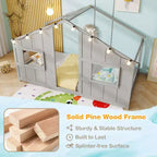 Letto a Capanna Singolo con Luci LED – Legno Massello, Stile Montessori per Bambini