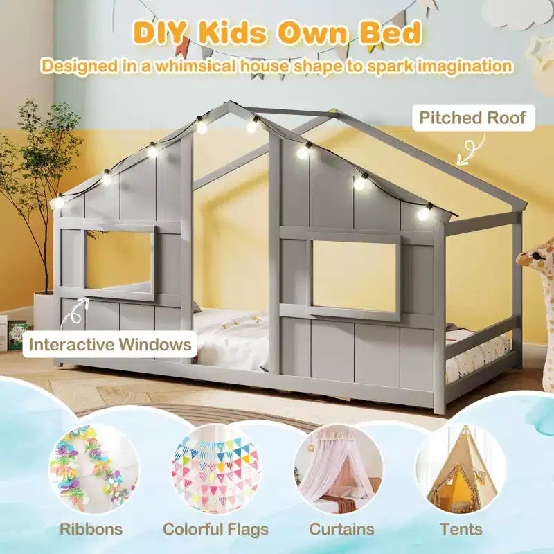 Letto a Capanna Singolo con Luci LED – Legno Massello, Stile Montessori per Bambini