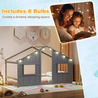 Letto a Capanna Singolo con Luci LED – Legno Massello, Stile Montessori per Bambini