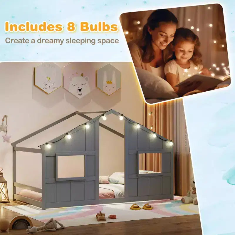 Letto a Capanna Singolo con Luci LED – Legno Massello, Stile Montessori per Bambini