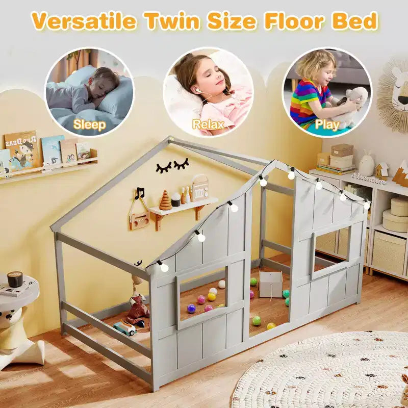 Letto a Capanna Singolo con Luci LED – Legno Massello, Stile Montessori per Bambini