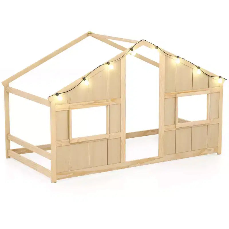 Letto a Capanna Singolo con Luci LED – Legno Massello, Stile Montessori per Bambini