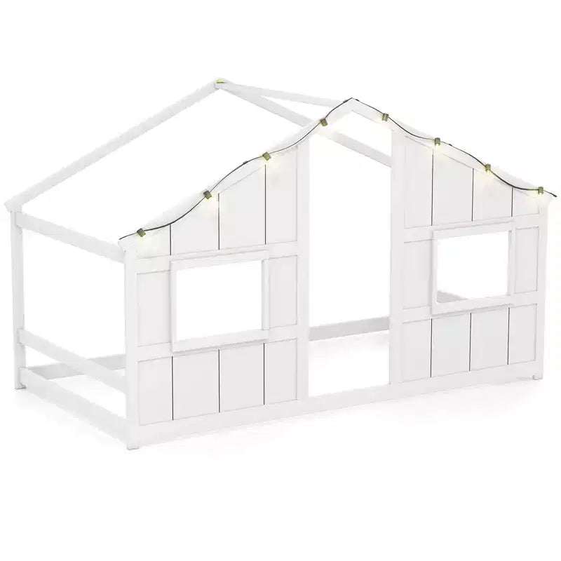 Letto a Capanna Singolo con Luci LED – Legno Massello, Stile Montessori per Bambini