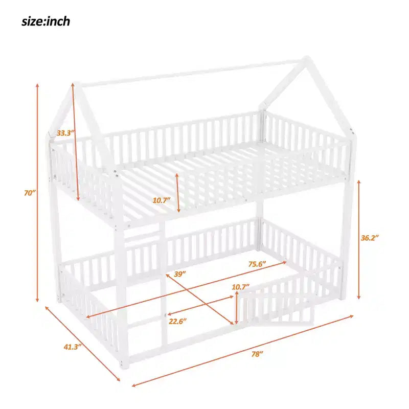 Letto a Castello in Metallo per Bambini, Letto a Castello a Pavimento con Recinzione, Porta e Spondine