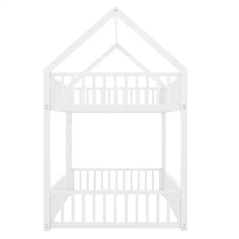 Letto a Castello in Metallo per Bambini, Letto a Castello a Pavimento con Recinzione, Porta e Spondine