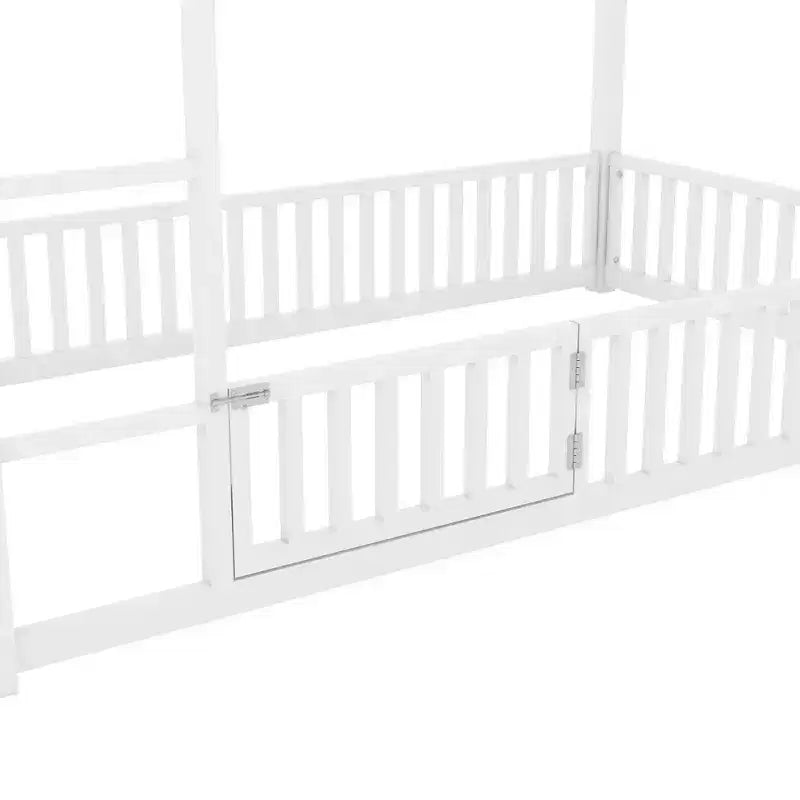 Letto a Castello in Metallo per Bambini, Letto a Castello a Pavimento con Recinzione, Porta e Spondine