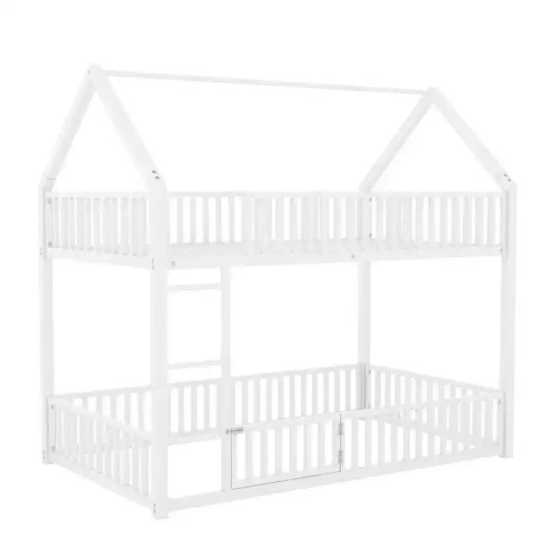Letto a Castello in Metallo per Bambini, Letto a Castello a Pavimento con Recinzione, Porta e Spondine