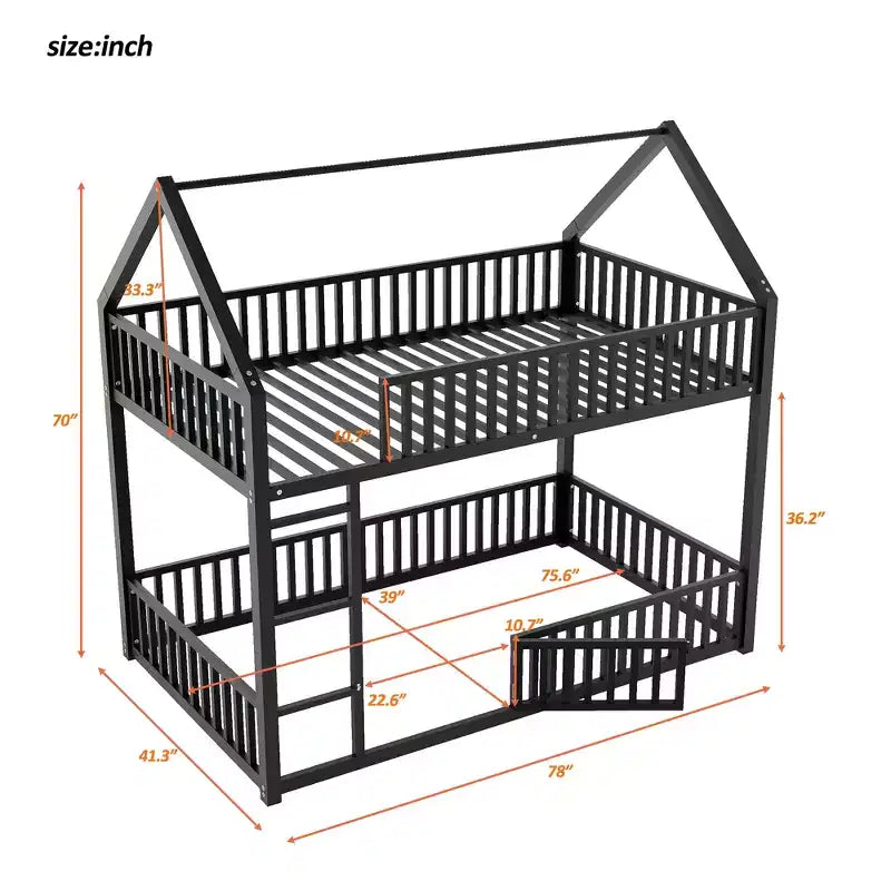 Letto a Castello in Metallo per Bambini, Letto a Castello a Pavimento con Recinzione, Porta e Spondine