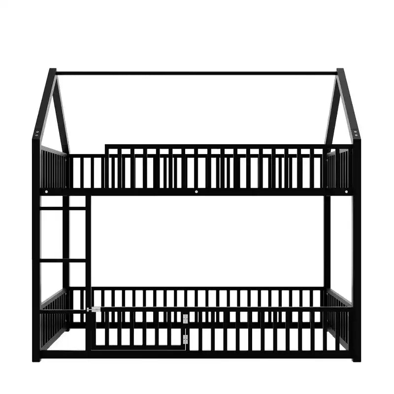 Letto a Castello in Metallo per Bambini, Letto a Castello a Pavimento con Recinzione, Porta e Spondine