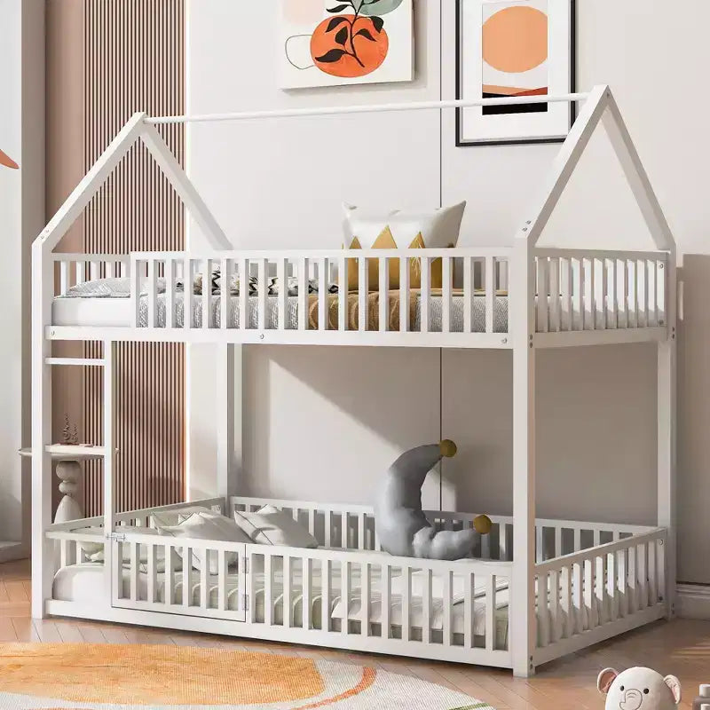 Letto a Castello in Metallo per Bambini, Letto a Castello a Pavimento con Recinzione, Porta e Spondine