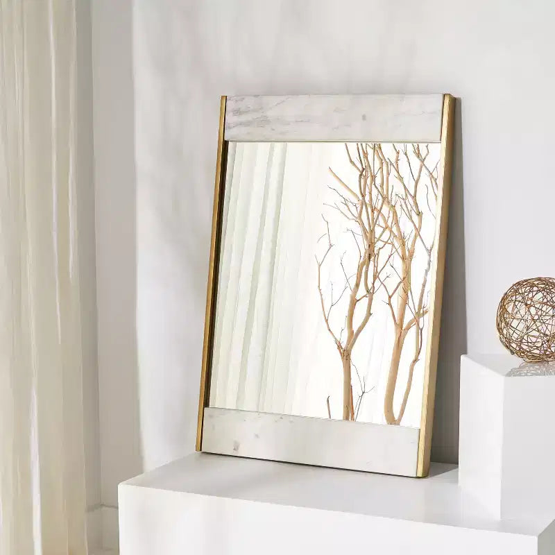 Specchio Reclinabile Finto Marmo – 24x36 Cornice Bianca e Ottone, Ferro e MDF