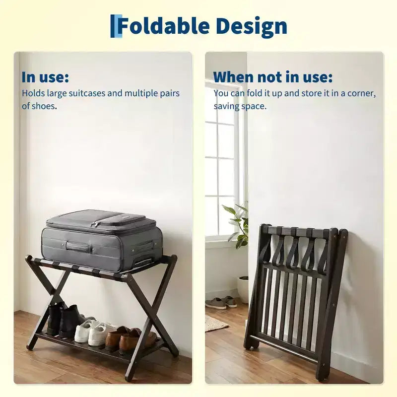 Portavaligie Pieghevole in Bambù con Ripiano a 2 Livelli, Supporto Premium per Valigie, Regge Fino a 68 kg per Camere da Letto e Hotel