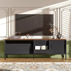 JVNOXK 70.8''TV Stand, suitable for TVs up to 75 inches, featuring sliding doors and adjustable shelves. Mid-century modern media TV stand