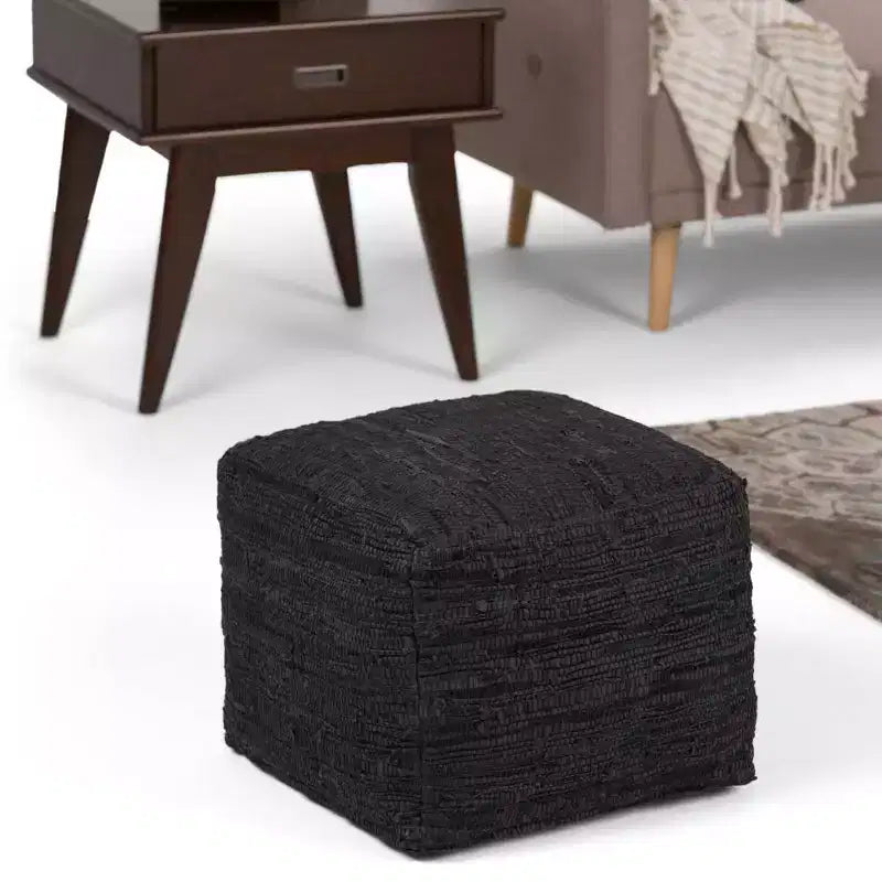 Pouf Contenitore in Pelle Intrecciata Quadrato – 45x45x35 cm, Portata 113 kg, Imbottitura in Polistirolo