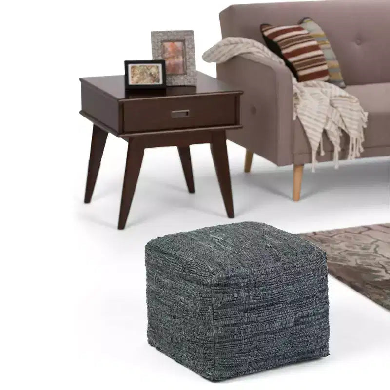 Pouf Contenitore in Pelle Intrecciata Quadrato – 45x45x35 cm, Portata 113 kg, Imbottitura in Polistirolo