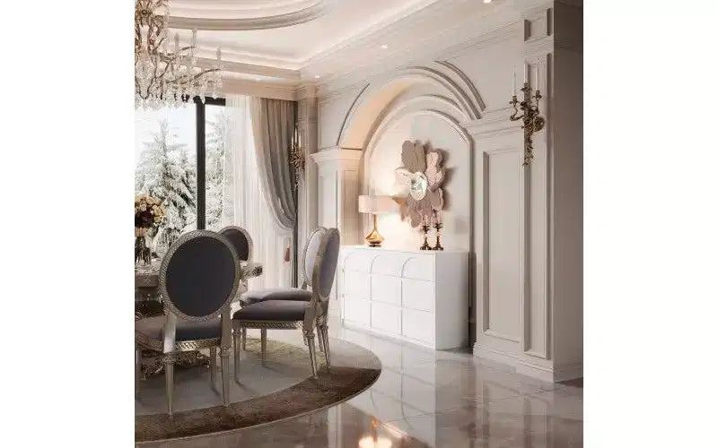 Comò a 9 cassetti bianco con motivo ad arco e maniglie a scomparsa – Credenza da 63" di larghezza