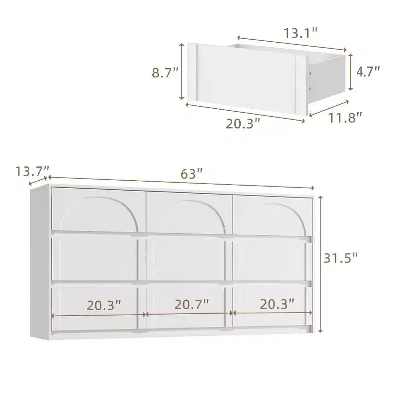 Comò a 9 cassetti bianco con motivo ad arco e maniglie a scomparsa – Credenza da 63" di larghezza