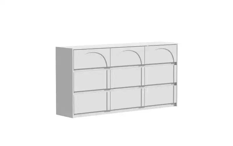 Comò a 9 cassetti bianco con motivo ad arco e maniglie a scomparsa – Credenza da 63" di larghezza