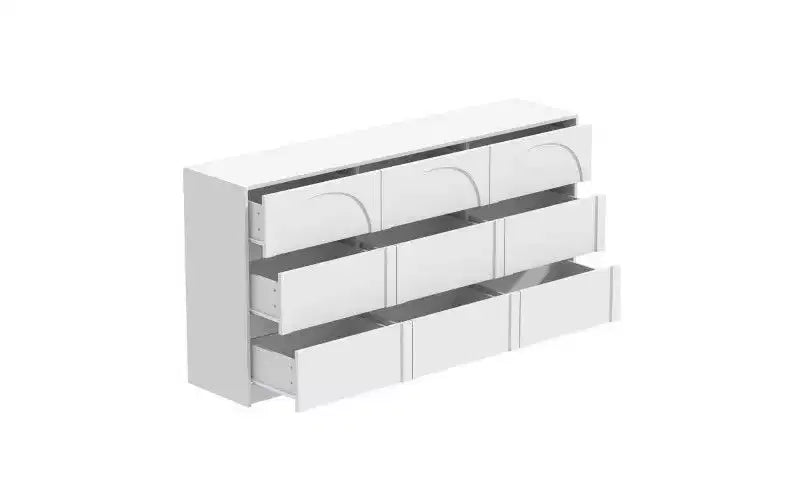 Comò a 9 cassetti bianco con motivo ad arco e maniglie a scomparsa – Credenza da 63" di larghezza