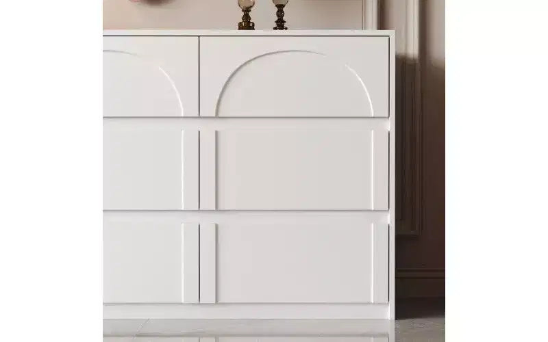 Comò a 9 cassetti bianco con motivo ad arco e maniglie a scomparsa – Credenza da 63" di larghezza