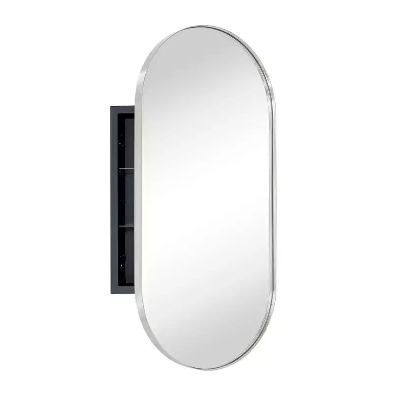 Mobiletto pensile ovale da bagno a incasso con specchio – Cornice in metallo, 2 ripiani