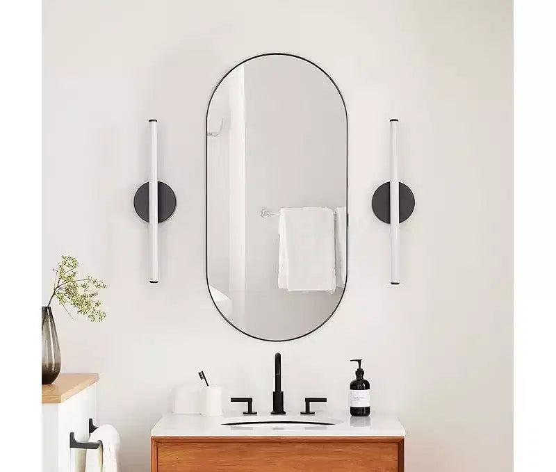 Mobiletto pensile ovale da bagno a incasso con specchio – Cornice in metallo, 2 ripiani