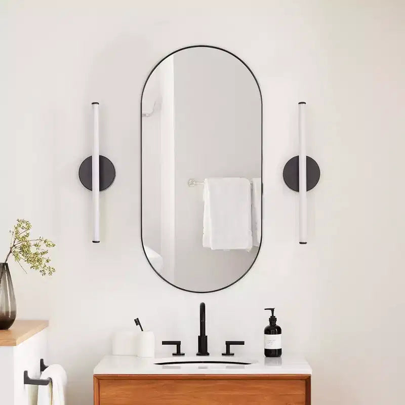 Mobiletto pensile ovale da bagno a incasso con specchio – Cornice in metallo, 2 ripiani