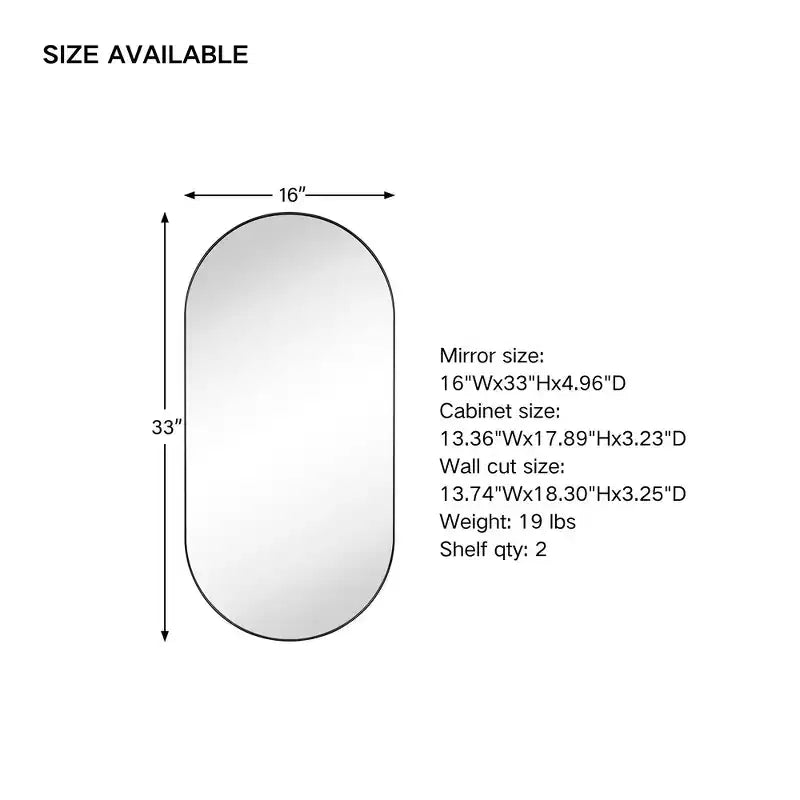 Mobiletto pensile ovale da bagno a incasso con specchio – Cornice in metallo, 2 ripiani