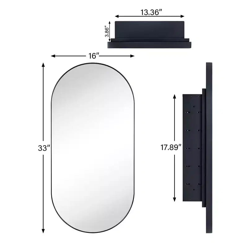 Mobiletto pensile ovale da bagno a incasso con specchio – Cornice in metallo, 2 ripiani