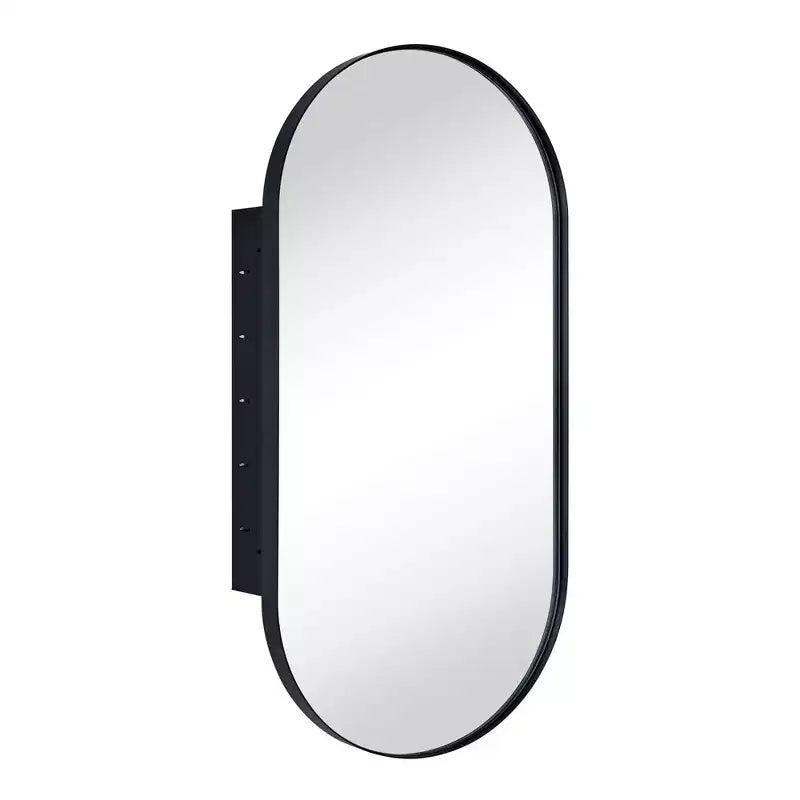Mobiletto pensile ovale da bagno a incasso con specchio – Cornice in metallo, 2 ripiani
