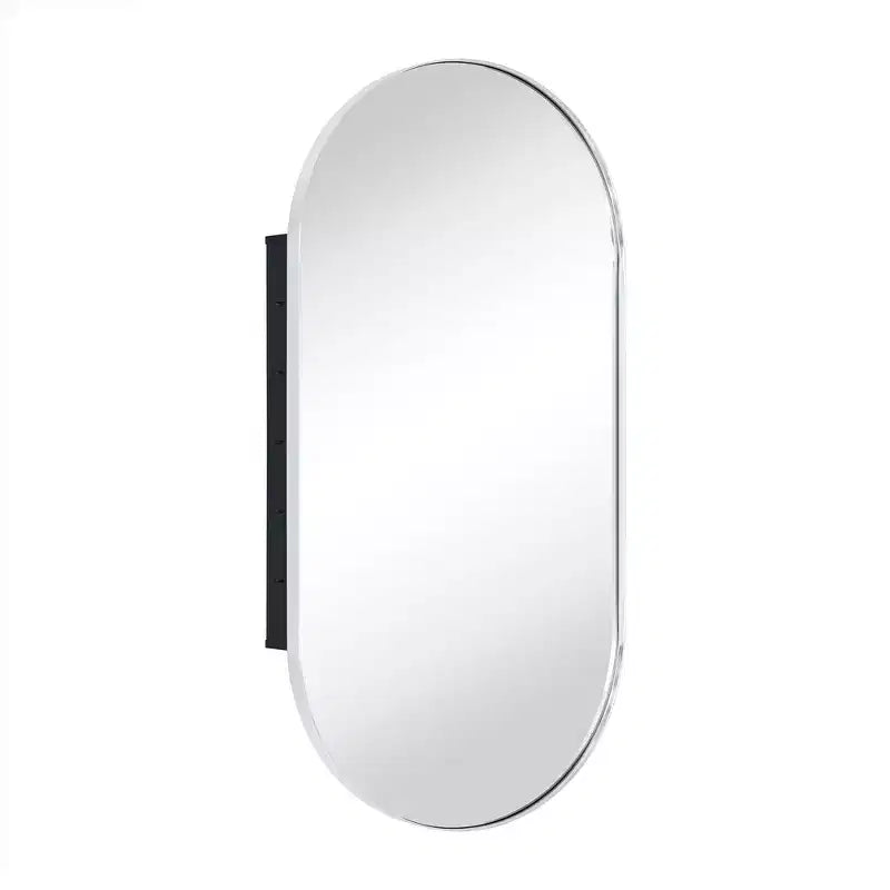 Mobiletto pensile ovale da bagno a incasso con specchio – Cornice in metallo, 2 ripiani